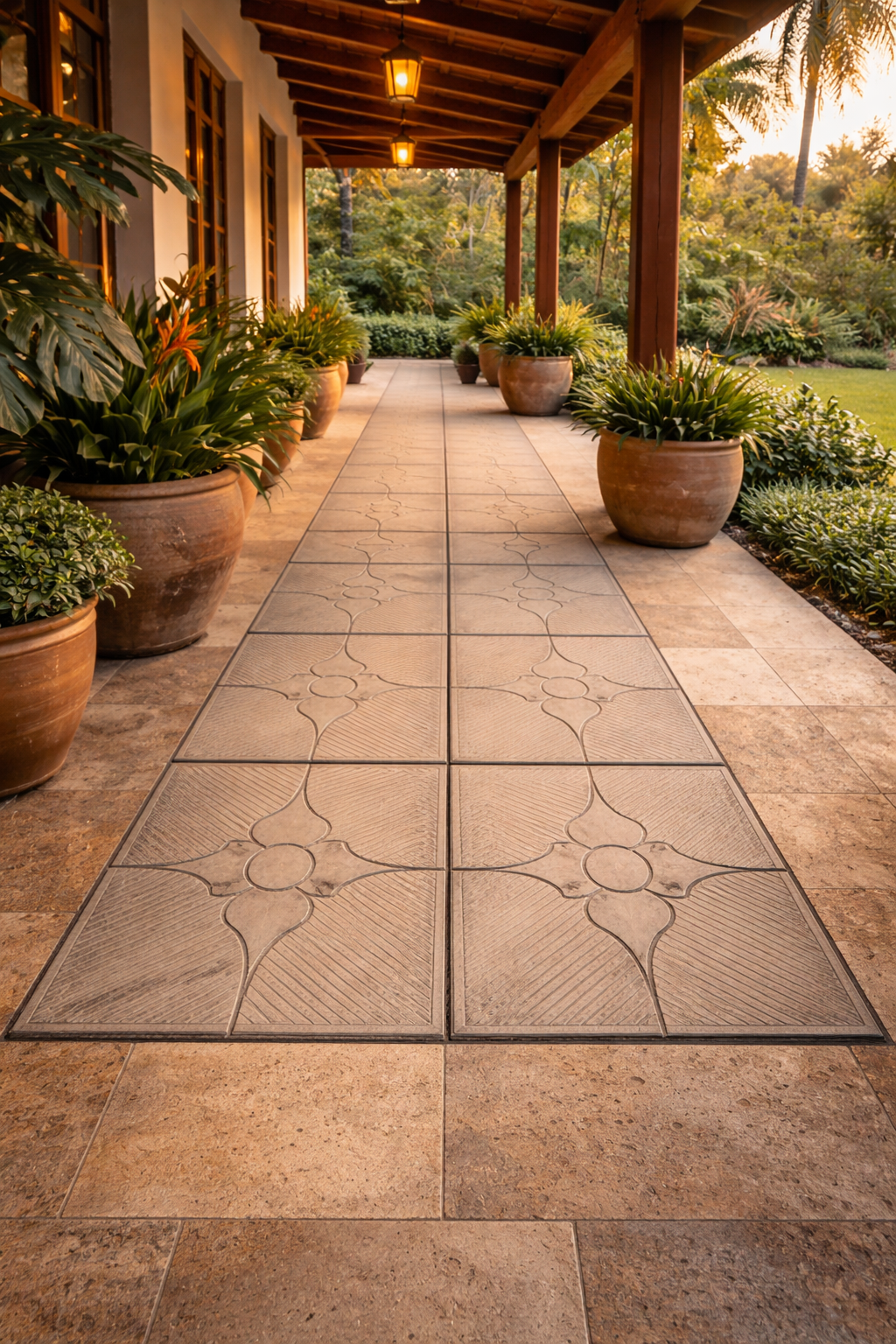 Corredor hacienda costarricense con baldosas P&Eacute;TREA Florencia