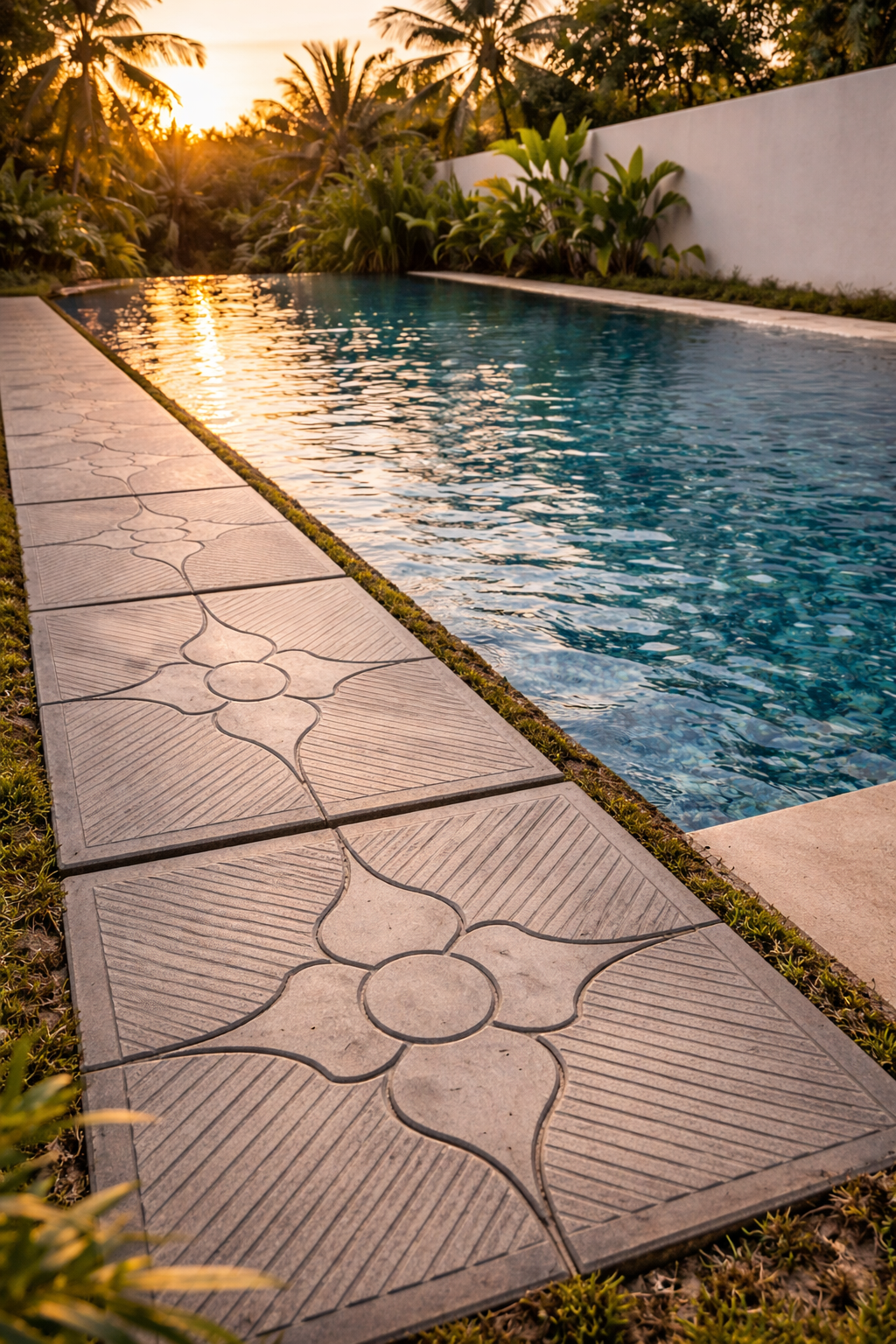 Baldosas artesanales P&Eacute;TREA modelo Florencia junto a piscina al atardecer