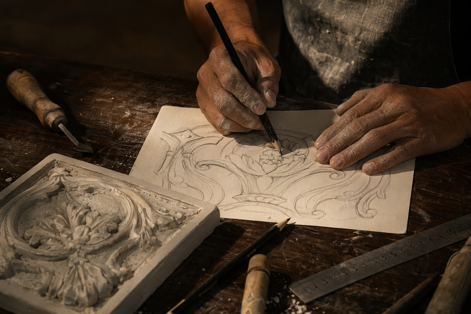 Artesano dise&ntilde;ando patr&oacute;n floral y tallando molde de yeso