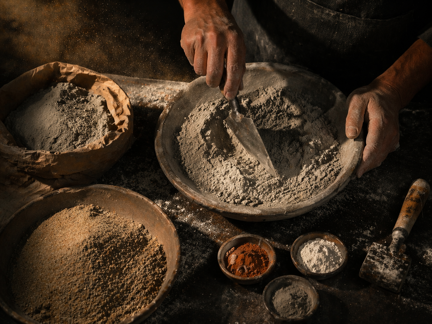 Preparaci&oacute;n artesanal de mezcla de cemento con pigmentos naturales