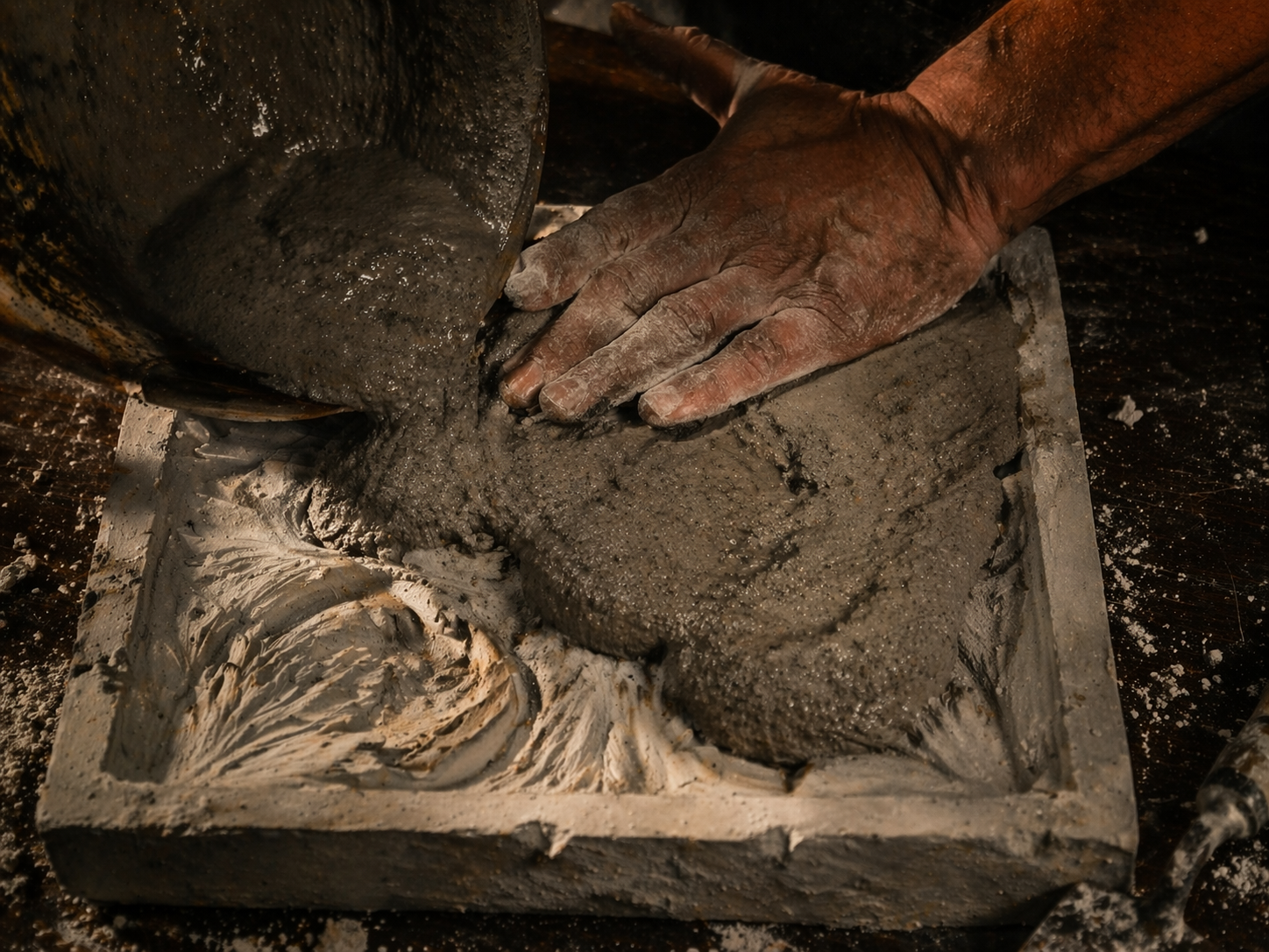 Cemento siendo vertido y prensado a mano en molde decorativo