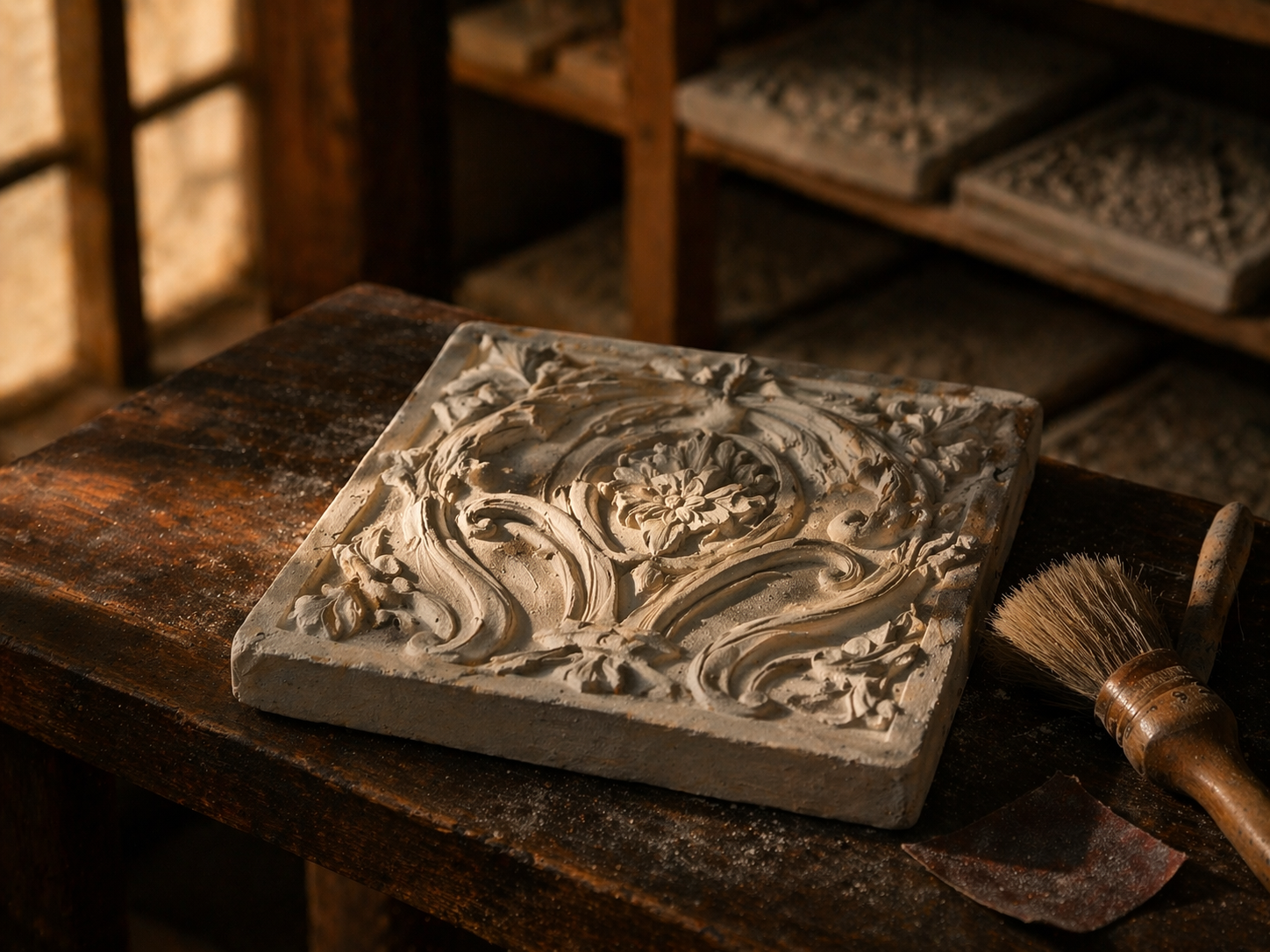 Baldosa de cemento reci&eacute;n desmoldada secando con acabado final